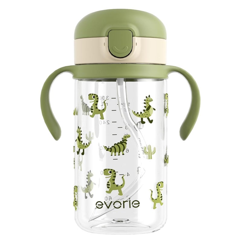 evorie Tritan Spill Proof Toddler Straw Sippy Cup, 10 oz for Baby and Toddlers 1-3 Years Old, No Spill Straw Water Bottle with Removable Handles, Ideal for School, BPA-Free, Green Dino (New) - Image 1